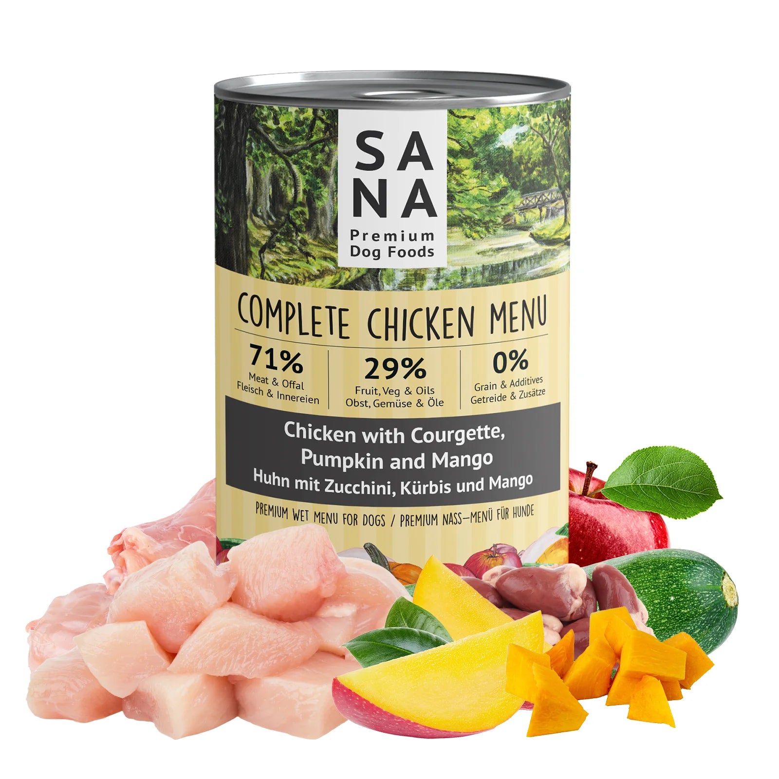 Comida Natural húmeda de Pollo con calabacín y mango SANADOG