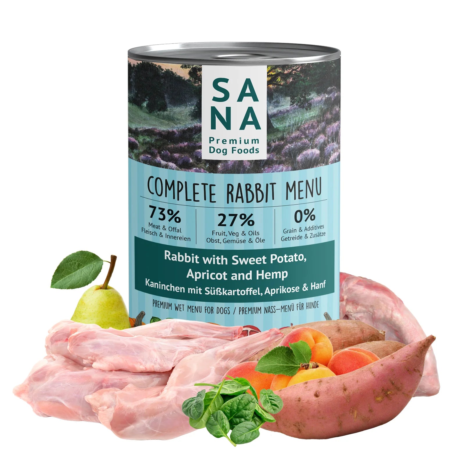 Comida Natural húmeda de Conejo con batata, albaricoque y cáñamo SANADOG