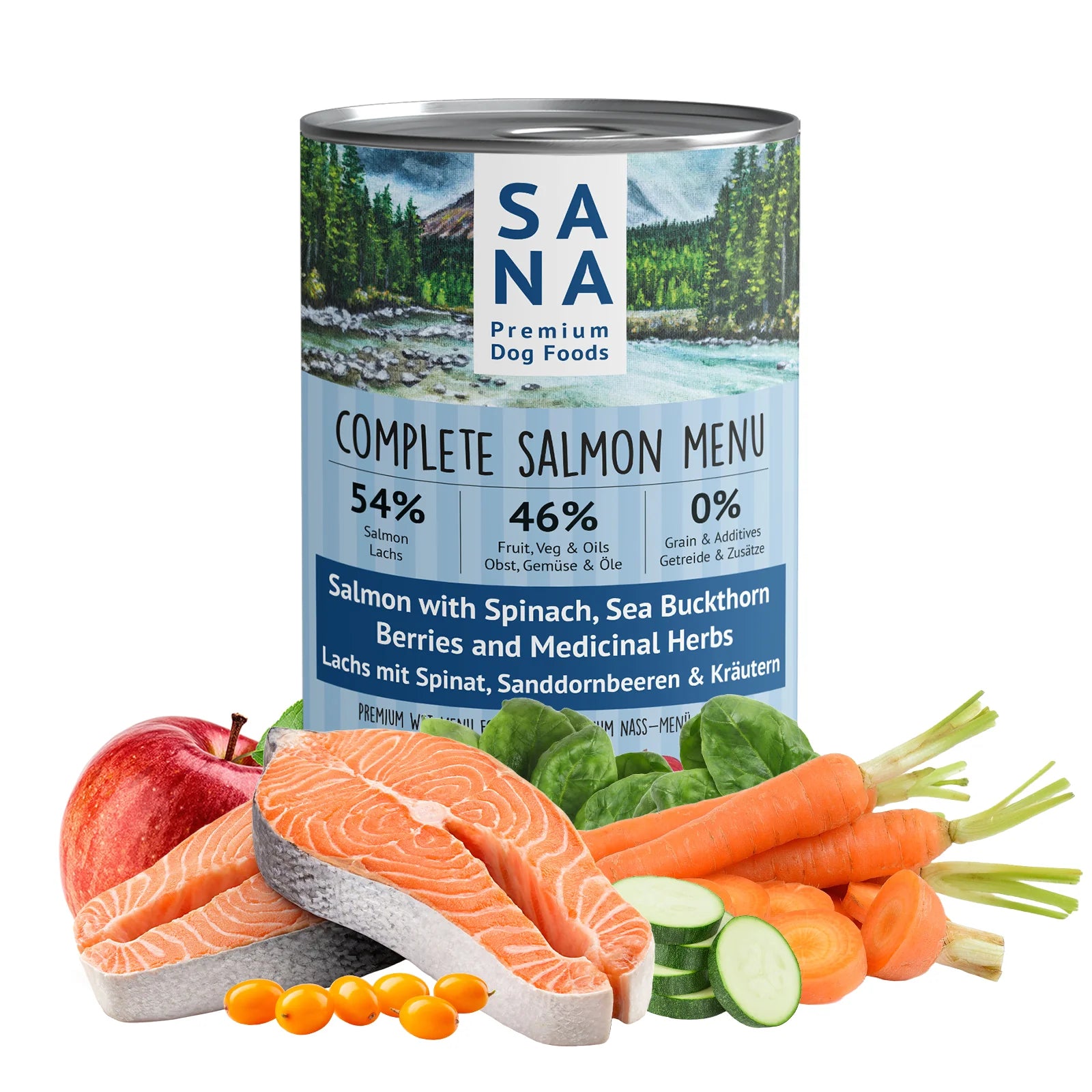 Comida Natural húmeda de Salmón con espinacas, bayas y hierbas SANADOG