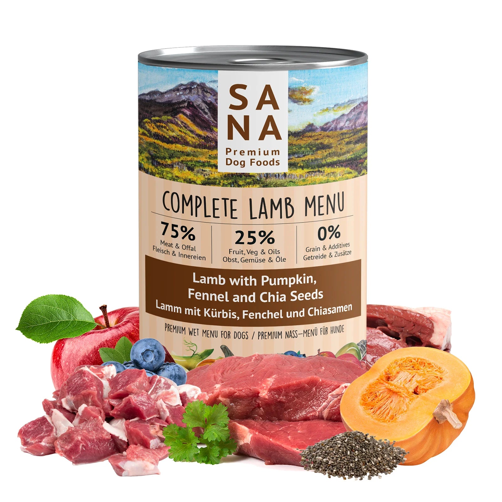 SANADOG Natural Wet Lamb Food with Pumpkin, Fennel, and Chia
