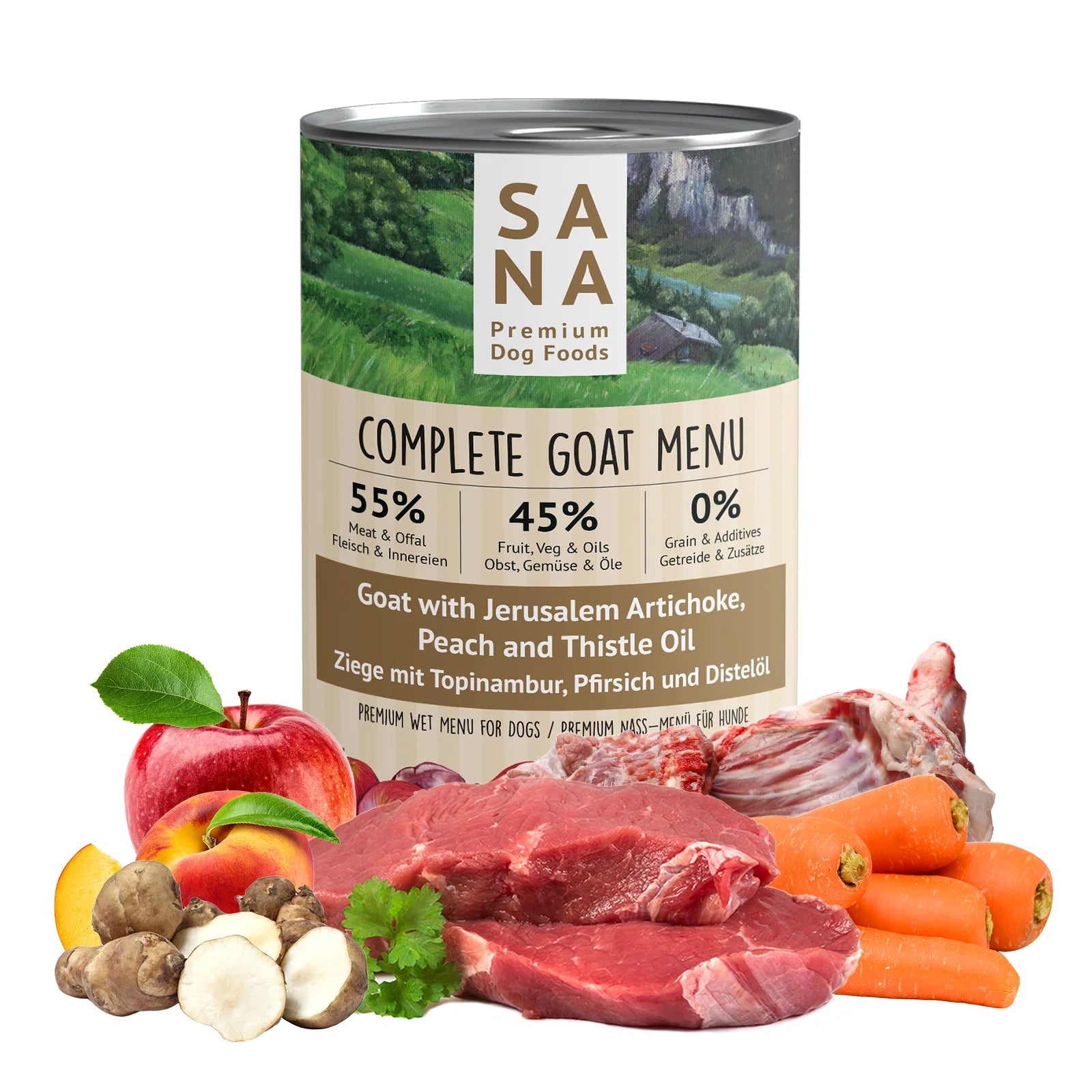 Comida Natural húmeda de Cabra con aceite de alcachofa melocotón y cártamo SANADOG
