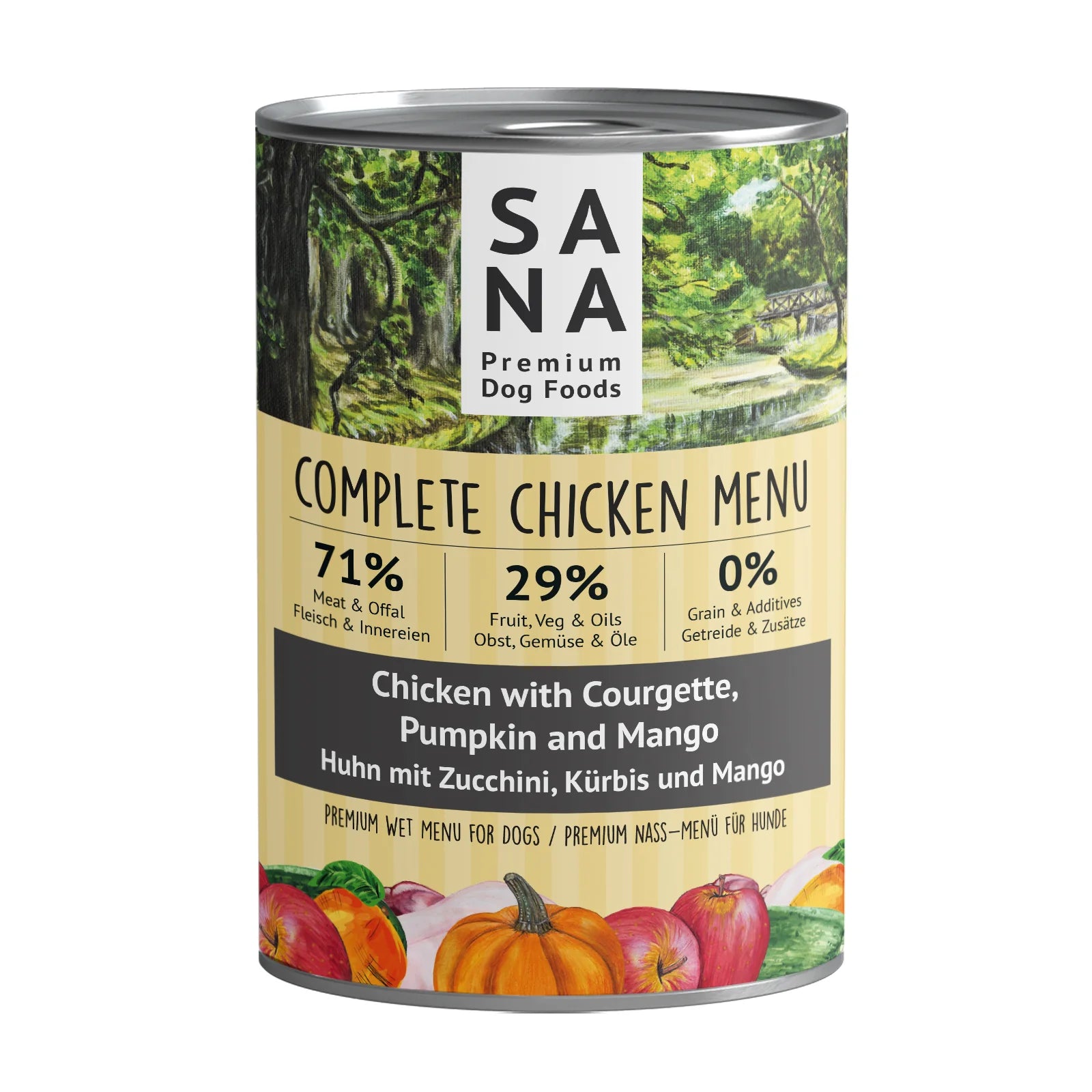 Comida Natural húmeda de Pollo con calabacín y mango SANADOG