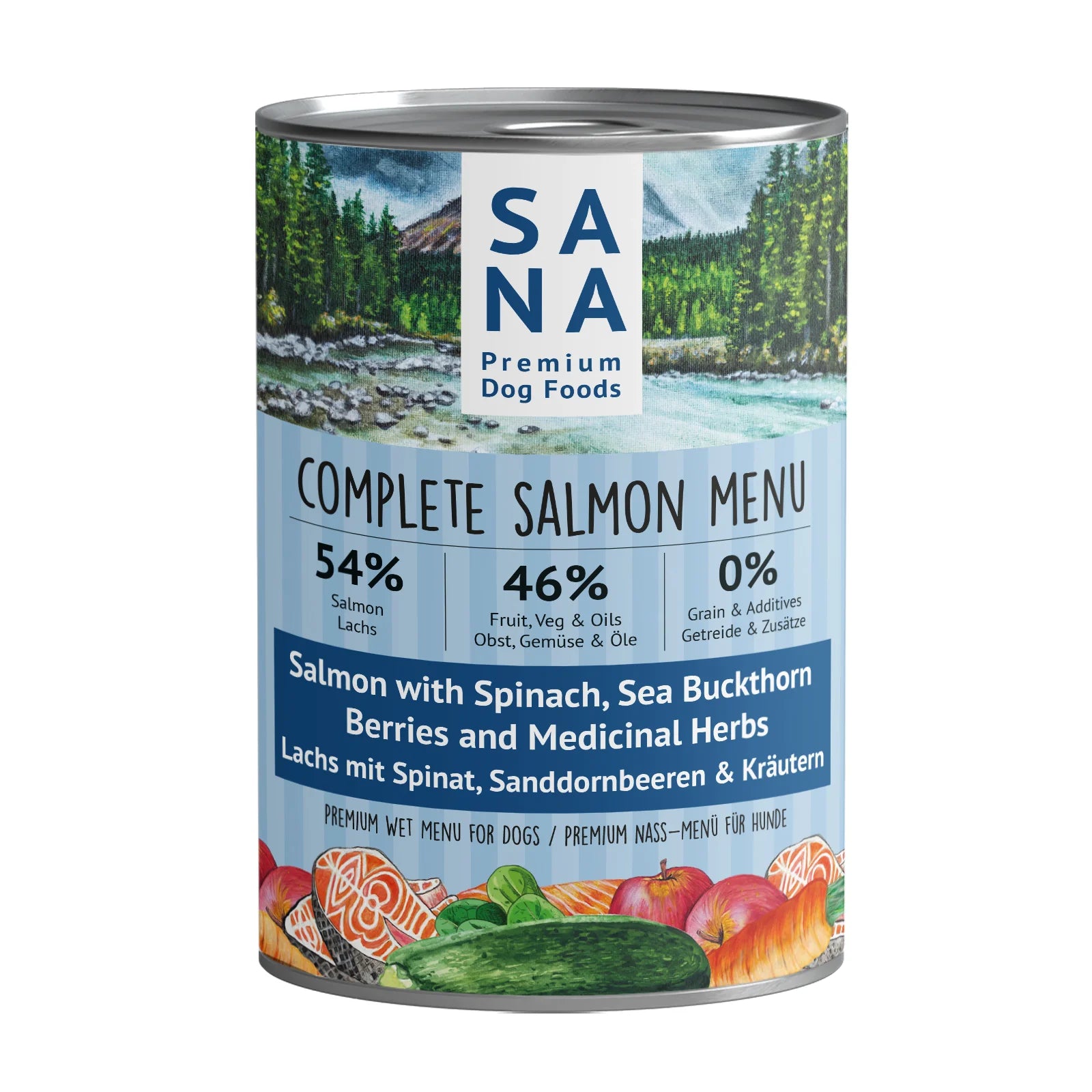 Comida Natural húmeda de Salmón con espinacas, bayas y hierbas SANADOG